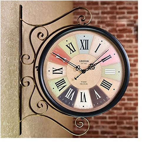 Antik Retro Bahnhofsuhr Vintage doppelseitige Wanduhr, Metall im Freien doppelseitig, for Terrassenporch Garten im Freien Dekorative doppelseitige Hängende Uhr Wanduhr Wall mit Klammer hängen Wanduhr