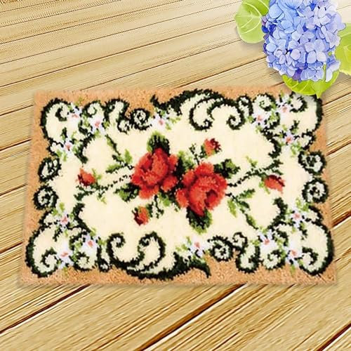 ZFFLYH Latch Hook Kits for Adults Kids DIY Rug Cushion Crochet Yarn Kits Flower Pattern Printed Canvas Creativity Embroidery Craft Kit for Home Decor Festival Gift 20.5X15 Inch