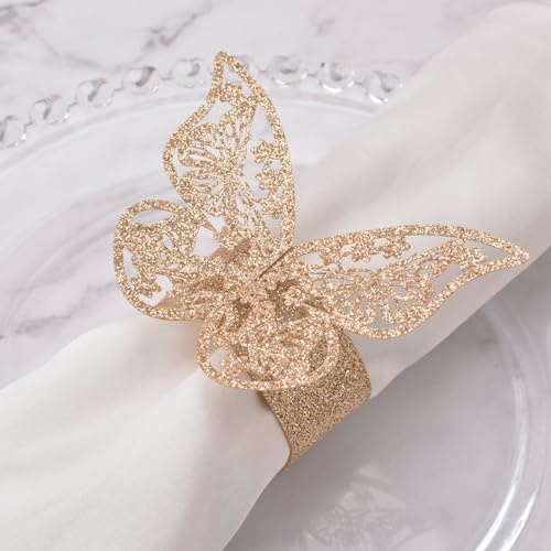 URROMA Serviettenringe, 50 Stück Rose Gold Hollowed Schmetterling Serviettenring Halter Haushalt Serviettenschnalle für Tischdekoration, Hochzeit, Weihnachten, Party Dinner, Thanksgiving