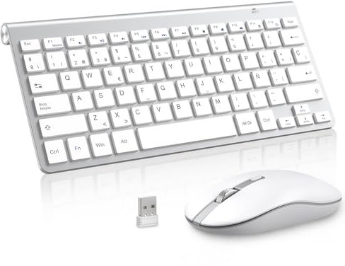 Teclado y ratón inalámbricos, PINKCAT 2.4G Set de Teclado Ultrafino y ratón ergonómico silencioso con 12 accesos directos Multimedia para Ordenador, PC, Tableta, Ordenador de sobremesa (Plateado)