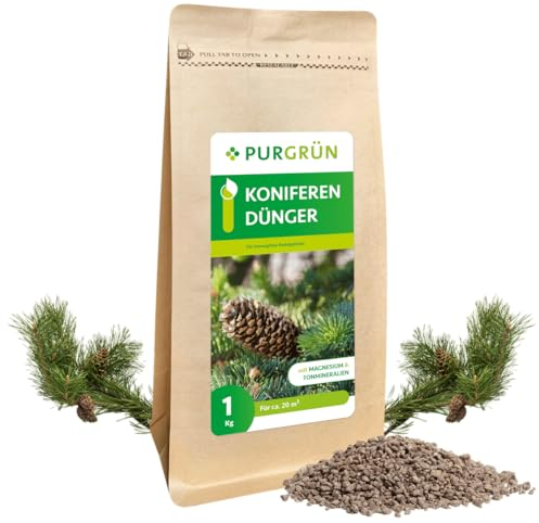 Purgrün® Koniferendünger 1 kg – Extra Magnesium für leuchtend grüne Nadeln – Verbessert die Bodenqualität – Organisch-mineralische Rezeptur – Feines Krümelgranulat – NPK 8+4+5 – Für 4-5 Pflanzen