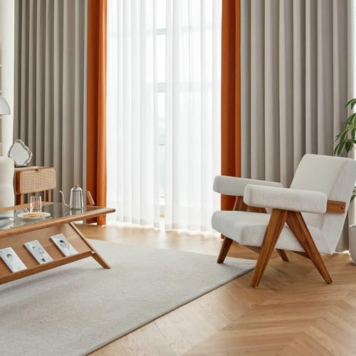 Ayoiow Cortina opaca, cortinas de cocina con ojales, cortinas de chenilla, juego de 2 unidades, café ligero y naranja, 96 x 115 cm