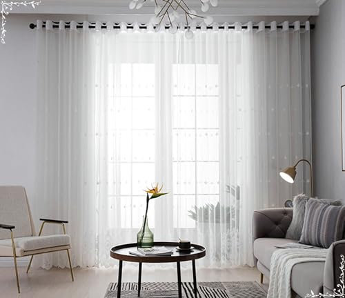 Bishilin Gardinen Weiß mit Ösen 2er Set 107x183CM, Vorhänge Lichtdurchlässig Nordisch Stickerei mit Blumen Motiv Polyester Gardinen Halbtransparent für Kinderzimmer Wohnzimmer Küche