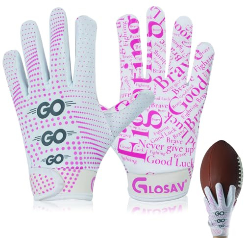 GLOSAV Football Gloves for Kids Youth Adult Super Sticky Silicone Receiver Gloves for Men and Women (Pink, L, Youth)