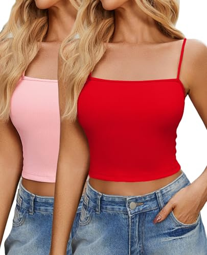 Ekouaer Lot de 2 Débardeur Femme Sexy Eté sans Manches Tank Tops Courts Bretelles Spaghetti Crop Top Y2k Hauts pour Femmes Rouge + Rose M