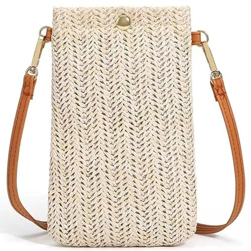 HATOFES Handytasche Zum Umhängen Damen,Umhängetasche Klein, Strohtaschen für Frauen Crossbody Strand Tasche, Handy Schultertasche mit Langem Gurt für Mädchen,straw beach bag (White)