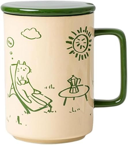 gaozxfdc Water Cup 480ml/16.2oz Round Coffee Mug Ceramic Green Office Tea Cup with Lid and Spoon Reusable Coffee mug