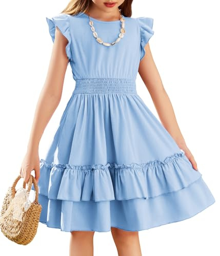 Arshiner Niñas Vestido Mangas Voladoras Verano Niños Algodón Vestido Ocio A-Line Elegante Swing Vestidos de Fiesta para Niñas 11-12 Años Azul Claro