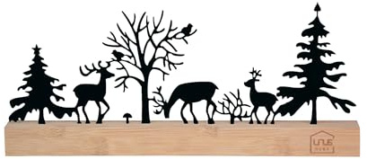UNUS Weihnachtsdeko aus Metall, Aufsteller Hirsch Vogel Wald, 30x13x2,5 cm | mit Bambussockel, in Schwarz, Moderne Deko für Fenster, Tisch, Kamin oder Regal
