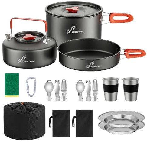 Set di stoviglie da campeggio per 2 persone da campeggio e bollitore elettrico con tazze, coltelli, forchette, forchette, set di posate da campeggio per picnic all'aperto