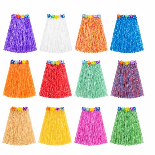 12 Stück Hula Gras Rock Hawaiian 60cm Elastischer Rock Strohfarbe für Hawaiian Bunte Kurze Hula Grasröcke für Sommerpartys, Strandfeiern & Tropische Eventsc