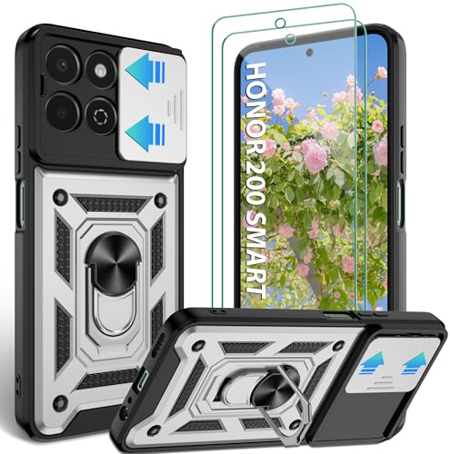 Jshru 3-in-1 for Honor 200 Smart Case,Shockproof,Full Lens Protective | Military Grade Anti-Scratch,Slide Camera Cover,Ring Kickstand/Holder/Stand,2 Pcs Screen Protector