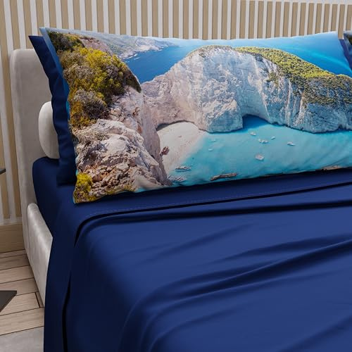 PETTI Artigiani Italiani - Lenzuola in Cotone con Federe in Stampa Digitale, Lenzuolo Singolo, Completo Letto Fantasia Zante Blu Elettrico, 100% Made in Italy