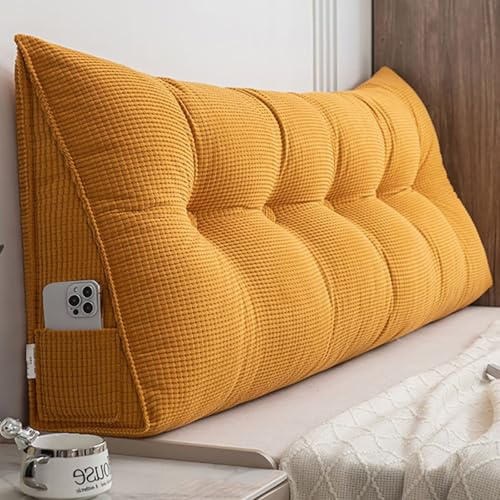 Rückenkissen Bett 140 cm Gelb, Cozy Lesekissen für Bett und Sofa, Groß Keilkissen mit Abnehmbarem und Waschbarem Bezug, Praktischem Seitenfach, Rückenpolster für die Wand, Sitzkissen, Wandkissen