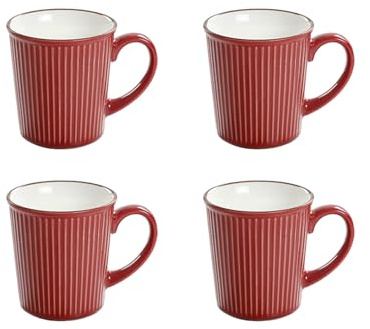 Nordic Household - Assiette plate ronde en relief à rayures colorées délicates et pratiques - Rouge - Mug [4 pièces]