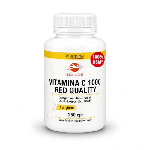 Laboratori Bio Line - Vitamina C 1000 mg DSM (250 Compresse) Integratori Vitamina C Red Quality a Base di Acido Ascorbico DSM, Integratore Difese Immunitarie ad Azione Antiossidante, Made in Italy