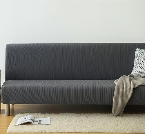 Sofabezug ohne Armlehnen, Stretch-Schonbezug für Klappsofa ohne Armlehnen, waschbarer Schutz für 2-/3-Sitzer, ideal für Haushalte mit Haustieren oder Kindern, 14 Farboptionen (Dunkelgrau, 120–155 cm)