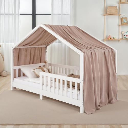 IDIMEX Rideau de lit LIAN en Mousseline 100% Coton 125 x 390 cm, pour Lits cabanes Enfants, Tissu léger et Doux, Coloris Taupe