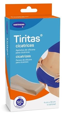 Tiritas Cicatrices, Apósito de Silicona, Previene y Trata Cicatrices Lineales, Hipertróficas y Queloides durante la Curación, Protección Solar FPS 50+, 4x30cm, 5uds