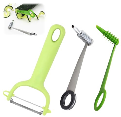 PORUPAEL 3Pcs Spiral Cutters Set - Stainless Steel and Plastic Spiralizer for Vegetables, Potato Spiral Cutter with Peeler, Vegetable Spiralizer Kit, Handheld Spiralizer for Courgette