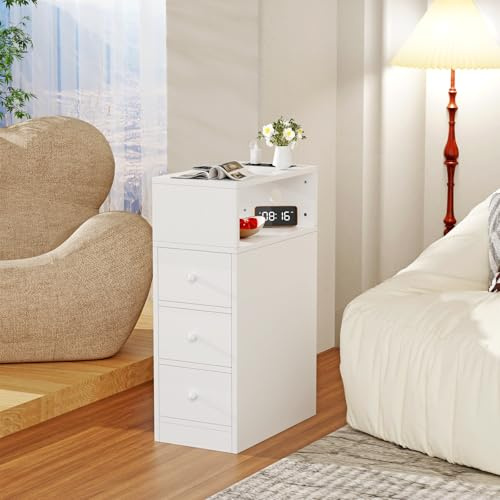 Chleby Set di 1 Comodino Stretto con Prese e Porte USB, 25x45x70cm, Bianco | Comodini Alto Tavolino con 3 Cassetto, Comodino Salvaspazio, Tavolino Stretto per Camera da Letto, Soggiorno