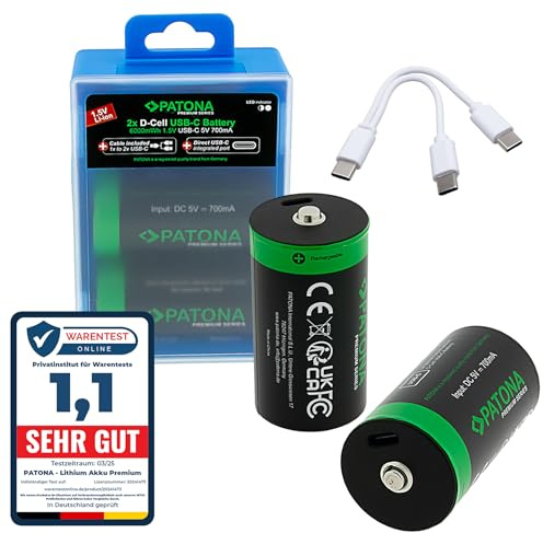 PATONA 4X Premium Batería LR20 Mono D USB-C 6.0Wh 1.5V Battery Recargables, Cable de Carga USB-C 1-a-2, más de 1.000 ciclos de Carga, para cámaras, Controles remotos, linternas y más