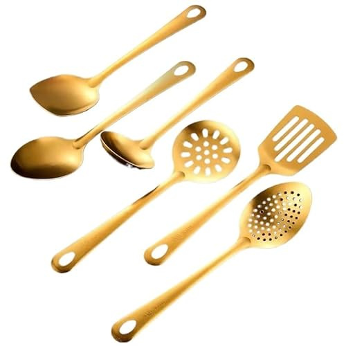 Juego de utensilios cocina acero inoxidable: espátula, cuchara sopera dorada, colador