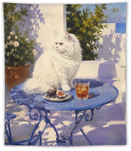 W7C8U2X3 Terraza Azul Gato Persa Tapiz de Pared, Animales antropomorfos