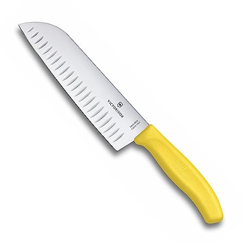 Victorinox Swiss Classic Santokumesser, Messer Asiatischer Art, Extra Scharfe Klinge, Kullenschliff, 17 cm, Rostfreier Stahl, Blister, Gelb