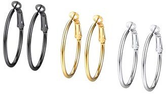 PROSTEEL 3er Ohrringe Set 30mm Damen Creolen Huggie Kreolen Ohrringe Edelstahl Hoop Klappcreolen Ohr Piercing Gold Schwarz Silber 3 Farbe Set