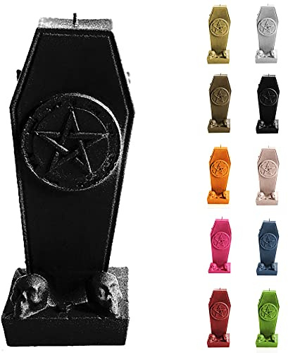 Candellana Kerze Sarg mit Pentagramm | Höhe: 17 cm | Schwarz Metallic | Brennzeit 35h | Halloween | Handgefertigt in der EU, 170x75x70 mm, 5902841363113