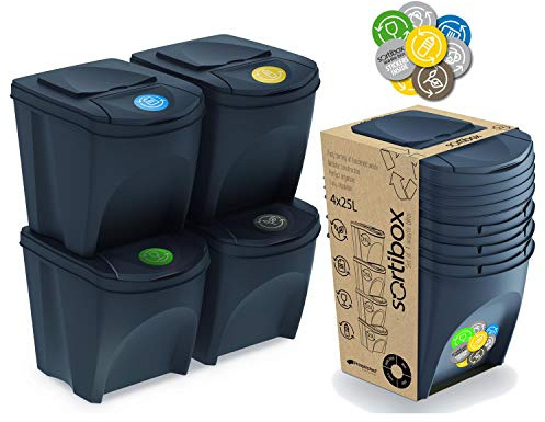 Sortibox Kitchen Rubbish Bins (80 Litres, 4 x 20 Litres) Waste Paper Bin Container Rubbish Separator Collector Organic Waste Bathroom Bin Set of 4, charcoal, 39,2 x 29,3 x 33,5 cm