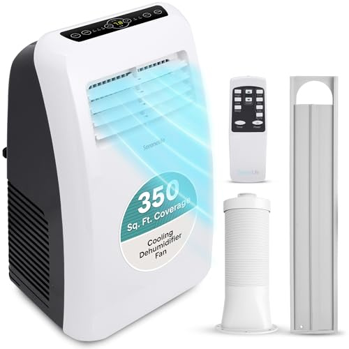 SereneLife Portable Air Conditioner, Dehumidifier & Fan | 3-in-1 8,000 BTU AC With Temperature Ranges 64°F–90°F & Cools 350 SQ FT | Includes 3 Fan Speeds, Remote Control, & Window Exhaust Kit | White