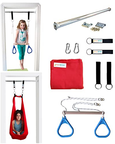 DreamGYM Doorway Sensory Swing Kit - Red Compression Swing and Trapeze Bar with Blue Gym Rings Combo