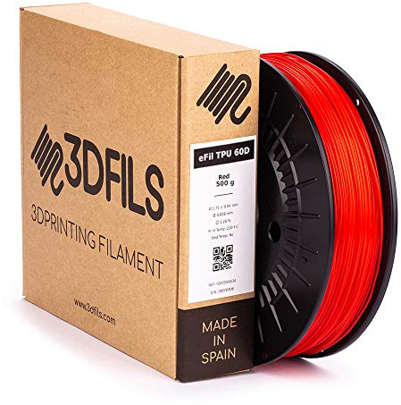 3DFILS - Filamento flexible para impresión 3D eFil TPU 60D: 1.75 mm, 500 g, Rojo