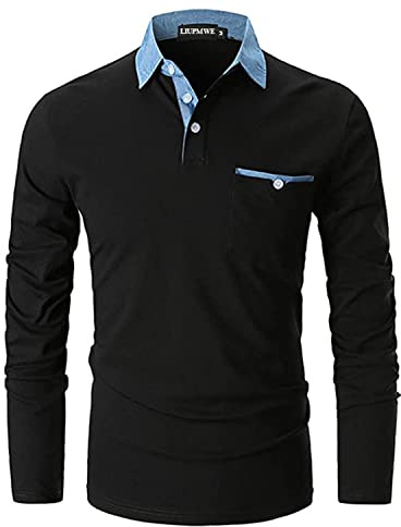 LIUPMWE Mens Casual Long Sleeve Polo Shirts with Pocket Cotton Denim Collar Golf Tops