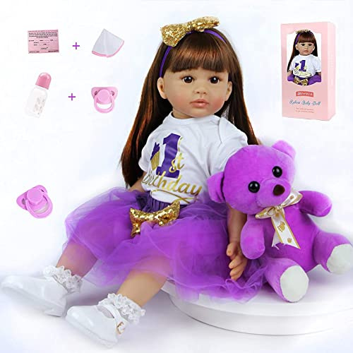ZIYIUI 24 Zoll Reborn Babypuppen Weiche Vinyl Silikon Simulation 60cm Reborn Babys Lebensechte Mädchen Junge Spielzeug Weihnachten Geschenk Spielzeug Trage EIN lila Kleid