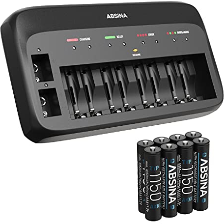 ABSINA Caricabatterie pile ricaricabili AA AAA e 9V + 8x AAA 1150 Pile - Caricabatterie NiMH 10 Slot per batterie ricaricabili - Carica pile ricaricabili AAA AA e 9V - Caricabatterie AA AAA