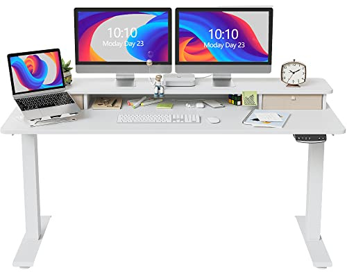 FEZIBO Height Adjustable Electric Standing Desk with Double Drawer, 150 * 60cm Stand Up Table with Storage Shelf, Sit Stand Desk with Splice Board, White Frame/White Top