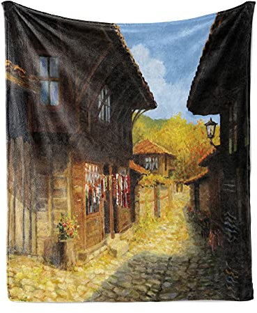 ABAKUHAUS Jahrgang Weiche Kuscheldecke Sofadecke, Holzhäuser im Herbst, Gemütlicher Plüsch für den Innen- und Außenbereich, 175 x 230 cm, braun Blau