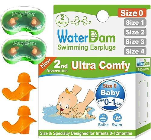 WaterDam Tapones de natación para los oídos, impermeables, ultracómodos, evitan los oídos del nadador (talla 0: bebé 0-1 año (naranja))