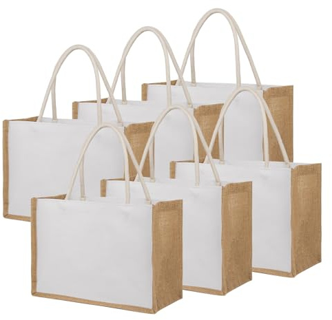 TOPTIE 6 Pezzi Borse Tote in Tela di Cotone con Lati Juta, Borsa juta Regalo Riutilizzabile per la Spesa, Borse di tela di iuta