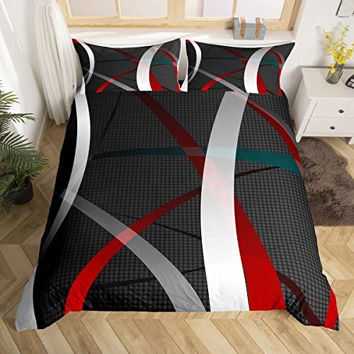 Set con copripiumino con motivi geometrici e cerchi, set di biancheria da letto per bambini, ragazzi e adulti, arte astratta, copripiumino moderno multicolore rosso e nero, set da 2 pezzi, per letto