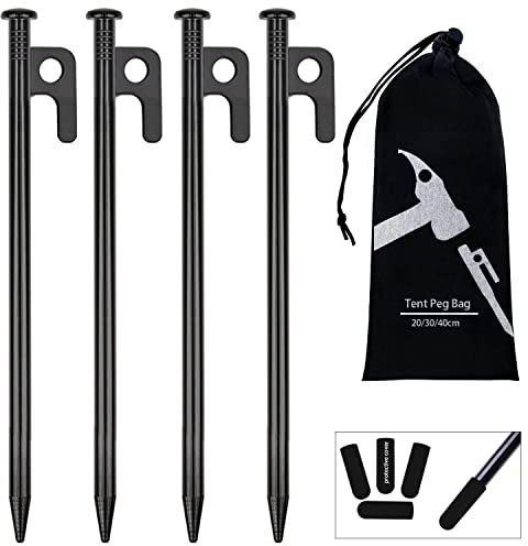 OBELON 4 Pack Heavy Duty Metal Tent Pegs - 20cm Steel Camping Stakes for Hard Ground, Awnings & Outdoor Use - Includes Storage Case & Rubber Covers - Strong Ground Anchors (Black)