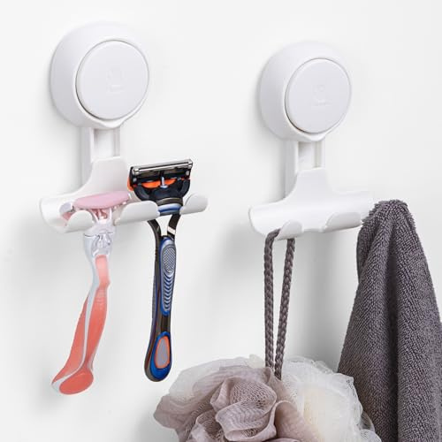 LEVERLOC Razor Holder for Shower 2 Pack, Powerful Suction Cup Shower Hooks for Towel, Loofah, Razor, Squeegee, Damage-Free Wall Hooks, Shaver Holder for Bathroom, Easy to Install and Reuse, White
