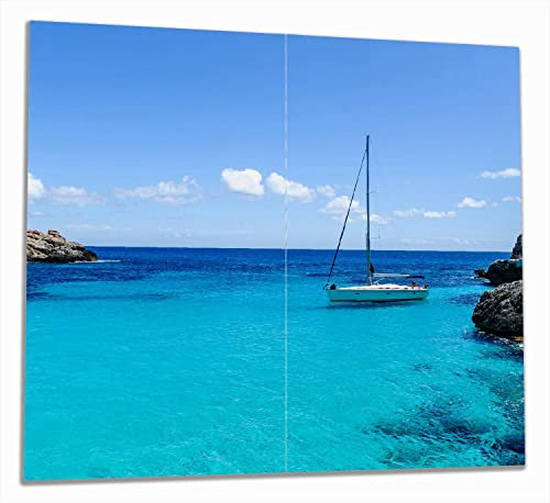 Wallario Herdabdeckplatte/Spritzschutz aus Glas, 2-teilig, 60x52cm, für Ceran- und Induktionsherde, Segelboot in der Bucht