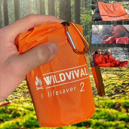 Wildvival 2 Personen Überleben Schlafsack - Rettungsschlafsack inkl. Pfeife und Karabiner - Das 2 Personen Notzelt oder Überlebenszelt, Überlebensplane für Biwak