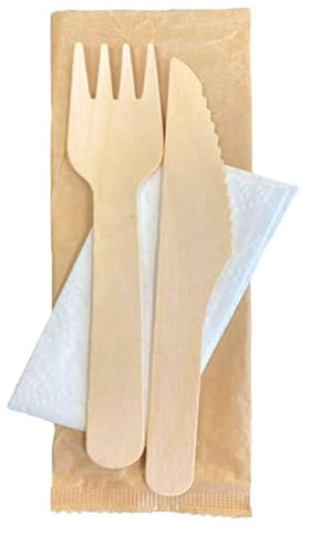 Virsus Set Posate in Legno di Betulla biodegradabili e compostabili BIS forchetta Coltello tovagliolo 3 veli, imbustate in carta Avana, stoviglie bio Eco Friendly Varie Quantità (500) - C