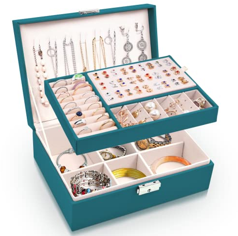 Larkumio Schmuckkästchen Mädchen Damen Groß, Schmuckaufbewahrung Schmuckkasten Sperren Schmuckschatulle, PU Leder Schmuckkiste 2 Schicht Jewelry Box Schmuckbox für Halsketten Ohrring Ring, Grün