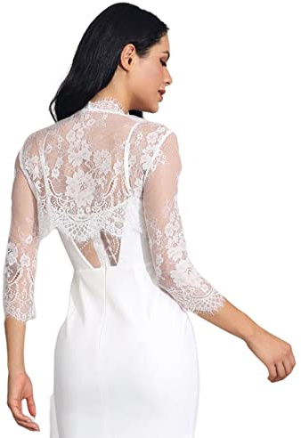 Unicra Wedding Bride Lace Shrugs for Women 3/4 Sleeves Lace Bolero Jackets for Evening Dresses Party Bolero Shrugs Top for Dresses White